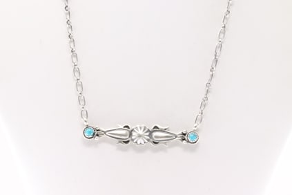 Native America Navajo Sterling Silver Turquoise Necklace By Marita Benally.