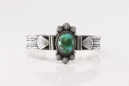 Native America Navajo Sterling Silver Sonora Gold Turquoise Bracelet Cuff By Micahel Cayadito.