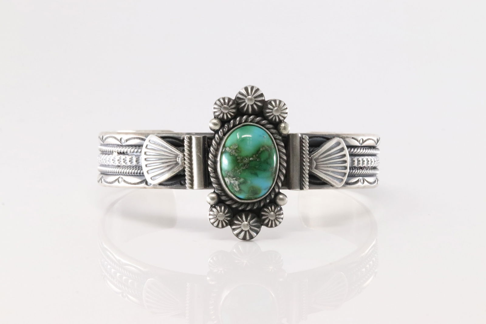 Native America Navajo Sterling Silver Sonora Gold Turquoise Bracelet Cuff By Micahel Cayadito.: This is a Native America Navajo Sterling Silver Sonora Gold Turquoise Bracelet Cuff By Micahel Cayadito.