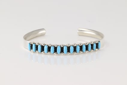 Native America Zuni Sterling Silver Turquoise Inlay Bracelet Cuff By V Martza.