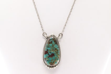 Native American Navajo Sterling Silver Turquoise Necklace By Elouise Kee.
