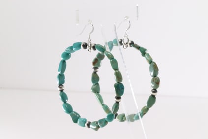 Native American Navajo Sterling Silver Beaded & Turquoise Hoop Dangling Earring's.