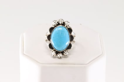 Native America Navajo Sterling Silver Turquoise Ring By Arlene Lewis.