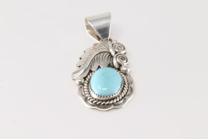 Native America Navajo Sterling Silver Kingman Turquoise Pendant By Julia Ettcity.