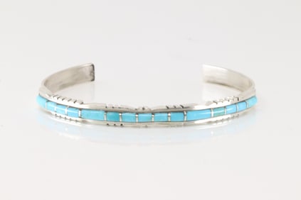 Native America Zuni Sterling Silver Turquoise Inlay Bracelet Cuff By Sheldon Lalio.