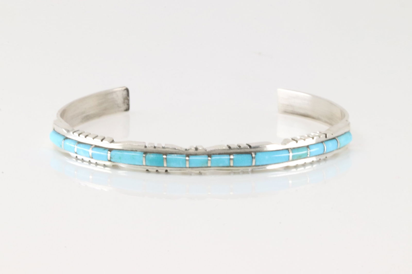 Native America Zuni Sterling Silver Turquoise Inlay Bracelet Cuff By Sheldon Lalio.: This is a Native America Zuni Sterling Silver Turquoise Inlay Bracelet Cuff By Sheldon Lalio.