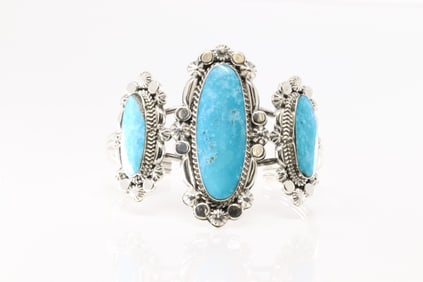 Native America Navajo Sterling Silver Turquoise Bracelet Cuff By Loretta Delgarito.