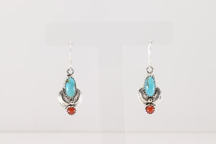 Native American Navajo Sterling Silver Coral & Turquoise Dangling Earring's By Robert Martinez.