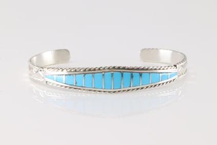 Native America Zuni Sterling Silver Turquoise Inlay Bracelet Cuff By Mirenda Penetsa.