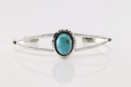Native America Navajo Sterling Silver Turquoise Bracelet Cuff By Amos Begay.