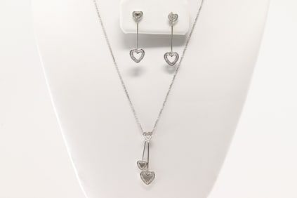 Diamond Heart Dangling / Stud Earring & Necklace Set 18Kt.