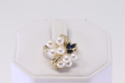 Pearl / Sapphire & Diamond Ring 14Kt.
