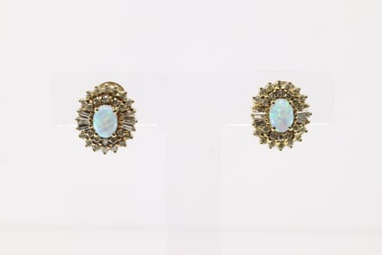 Elegant Opal & Baguette Diamond Stud Earring 14Kt.