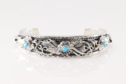 Native America Navajo Sterling Silver Turquoise Floral Bracelet Cuff By Bessie Joe.