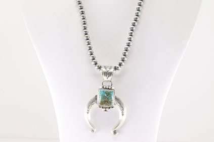 Native America Navajo Sterling Silver Kingman Turquoise Naja Necklace By Samuel Yellowhair.