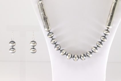 Native America Navajo Sterling Silver Pearl Beaded Necklace & Dangling Earring's By Sharon Cooley.