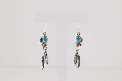 Native America Navajo Sterling Silver Coral & Turquoise Dangling Earring's By Rita Largo.