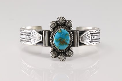 Native American Navajo Sterling Silver Sonora Gold Turquoise Bracelet Cuff By M.C.