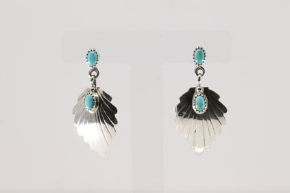 Native American Navajo Sterling Silver Turquoise Leaf Post / Dangling Earring's By Genevieve