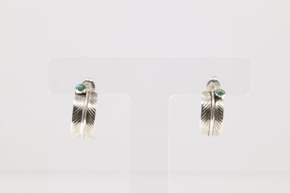 Native America Navajo Sterling Silver Turquoise Feather Hoop Earring's By Aaron Davis.