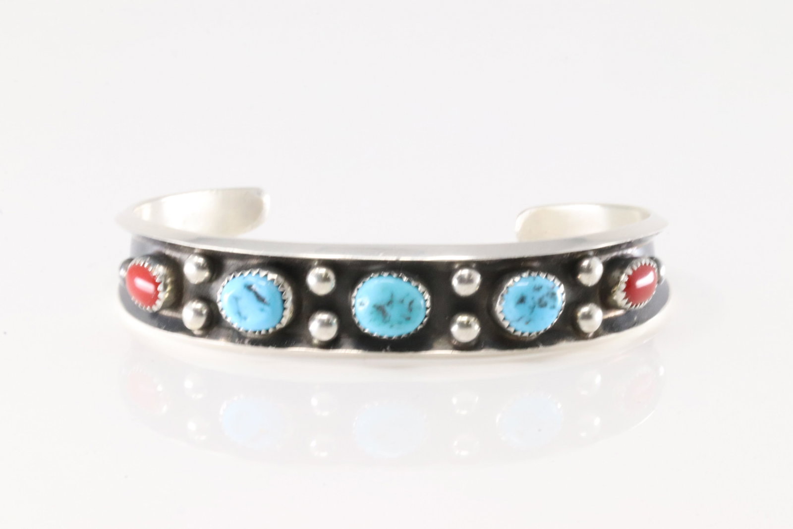 Native America Navajo Sterling Silver Coral & Turquoise Bracelet Cuff By Paul Largo.: This is a Native America Navajo Sterling Silver Coral & Turquoise Bracelet Cuff By Paul Largo.