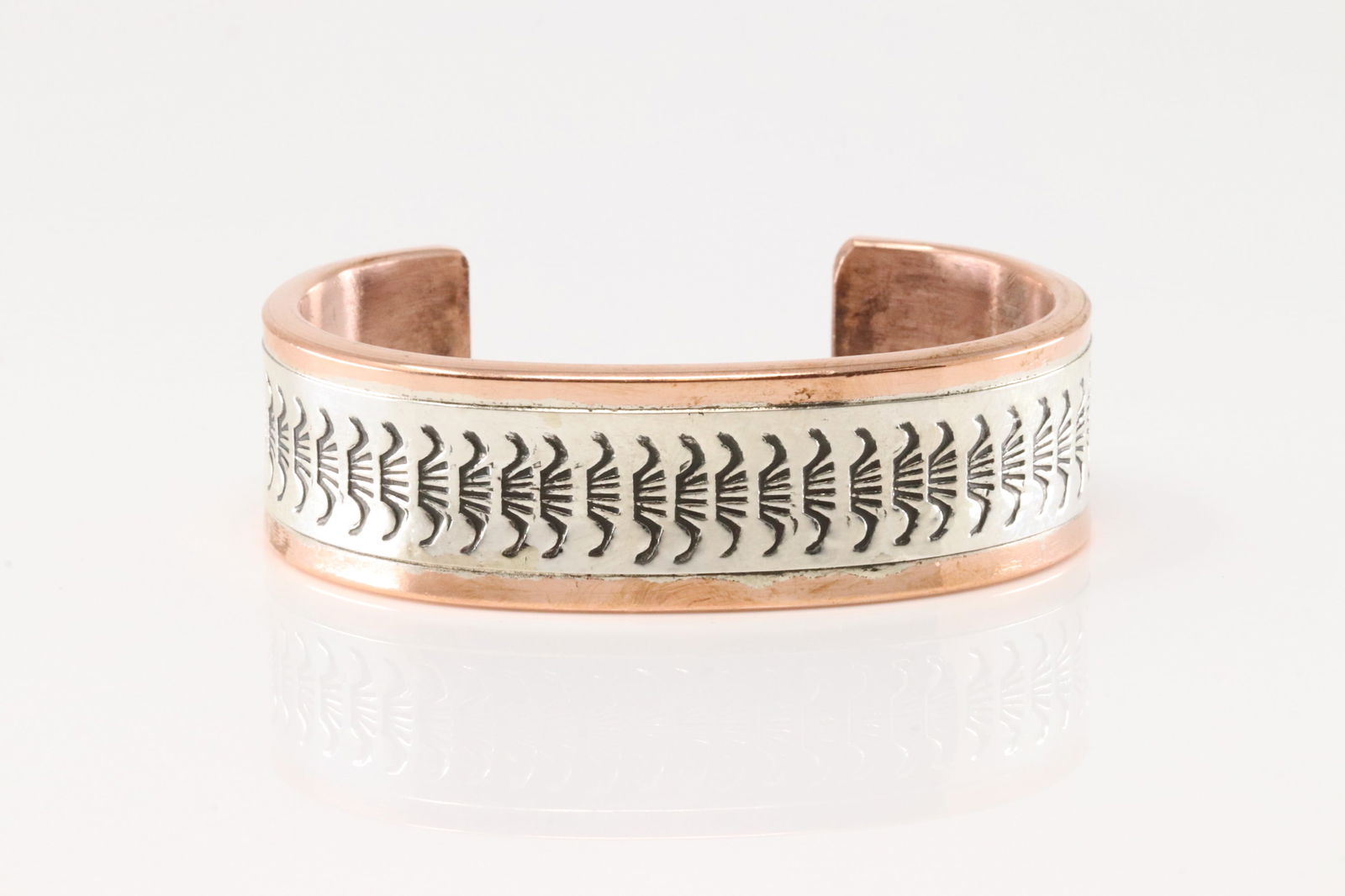 Native America Navajo Sterling Silver Copper Bracelet Cuff By Wylie Secatero.: This is a Native America Navajo Sterling Silver Copper Bracelet Cuff By Wylie Secatero.