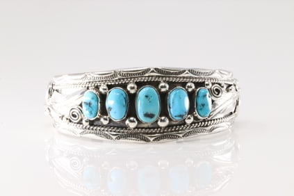 Native America Navajo Sterling Silver Turquoise Bracelet Cuff By Darrell Morgan.