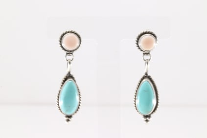 Native America Navajo Sterling Silver Pink Conch Shell & Kingman Turquoise Post / Dangling Earring's