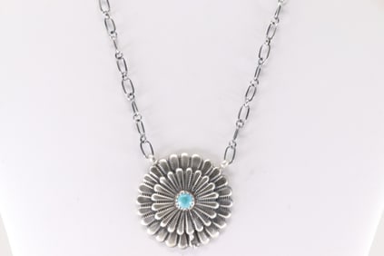 Native America Navajo Sterling Silver Turquoise Necklace By Sheldon Mariano.