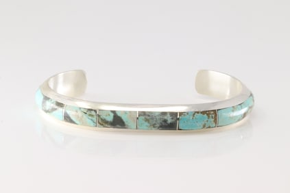 Native America Navajo Sterling Silver Kingman Turquoise Inlay Bracelet Cuff By B.E.