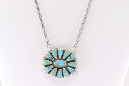 Native America Navajo Sterling Silver Turquoise Necklace By Alicia Wilson.