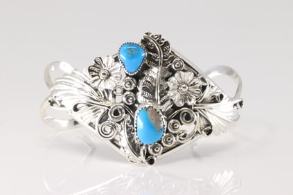 Native America Navajo Sterling Silver Turquoise Floral Bracelet Cuff By Harry B.Yazzie.