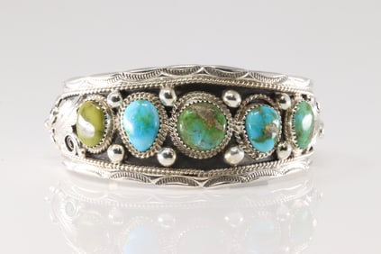 Native America Navajo Sterling Silver Sonora Gold Turquoise Bracelet Cuff By Darrell Morgan.