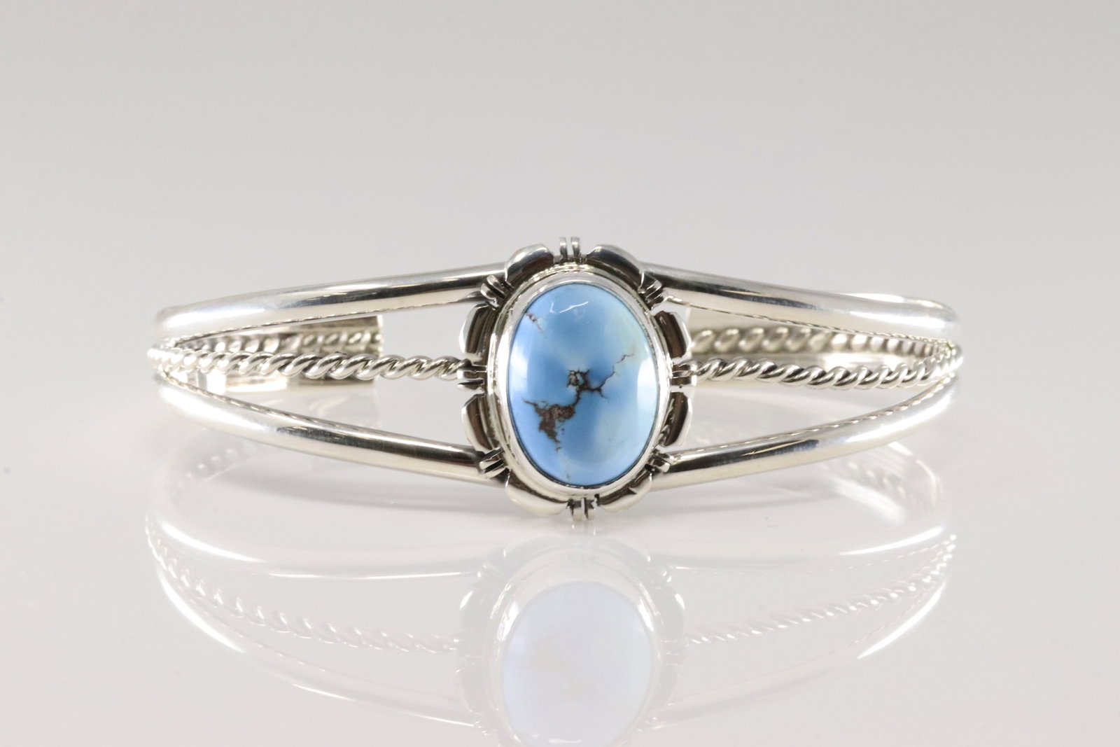 Native America Navajo Sterling Silver Golden Hill Turquoise Bracelet Cuff By N.J.: This is a Native America Navajo Sterling Silver Golden Hill Turquoise Bracelet Cuff By N.J.