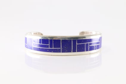 Native America Navajo Sterling Silver Lapis Stone Inlay Bracelet Cuff By Glendora Booqua.