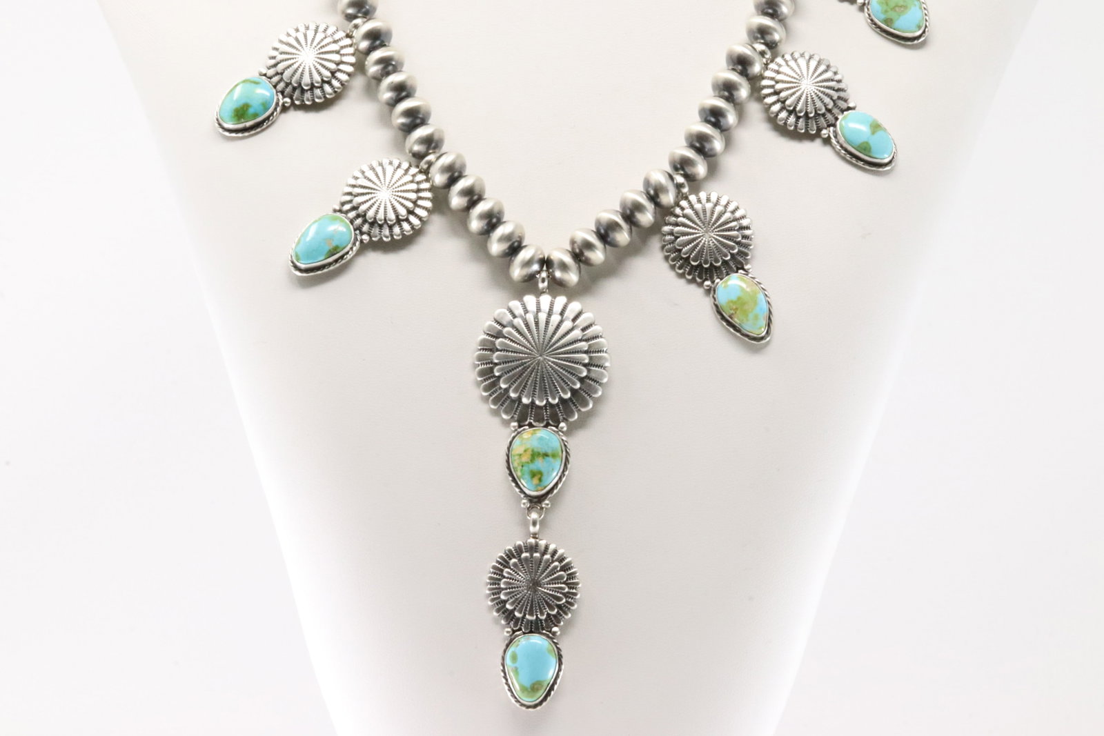 Native America Navajo Sterling Silver Sonora Gold Turquoise Necklace By Adrienne P Gordon.: This is a Native America Navajo Sterling Silver Sonora Gold Turquoise Necklace By Adrienne P Gordon. Necklace length: 20.00" Total weight: 134.70 Grams.