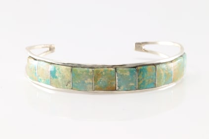 Native America Navajo Sterling Silver Turquoise Inlay Bracelet Cuff By J.