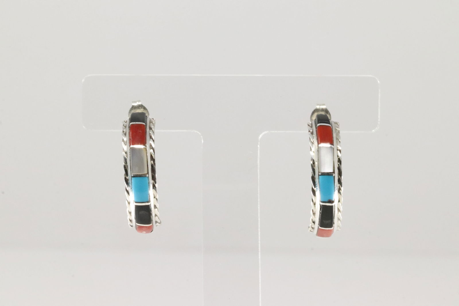 Native America Zuni Sterling Silver Multi-Color Stone Inlay Hoop Earring's By Malcolm Chavez. (1 of 4)