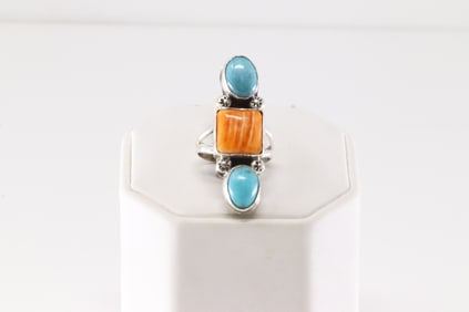 Native America Navajo Sterling Silver Spiny Oyster & Turquoise Ring By B.