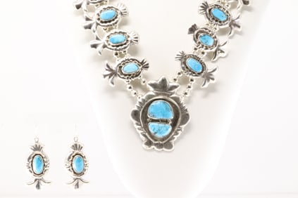 Native America Navajo Sterling Silver Turquoise Squash Necklace & Dangling Earring's Set By G&L
