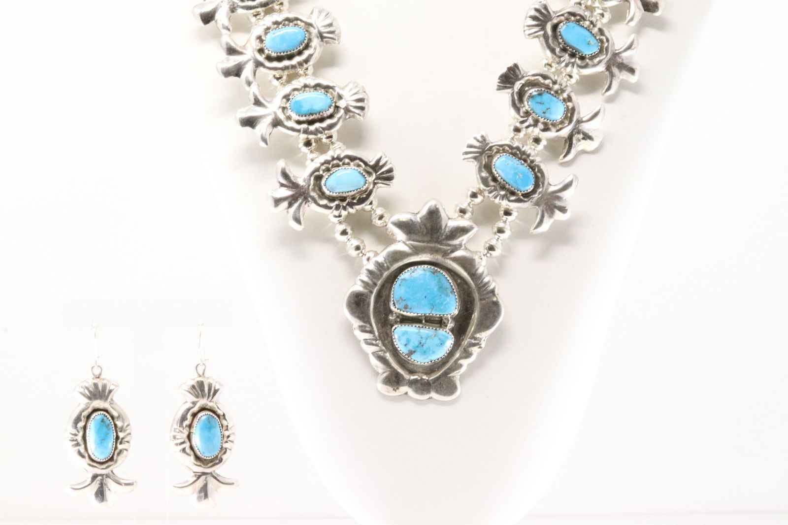Native America Navajo Sterling Silver Turquoise Squash Necklace & Dangling Earring's Set By G&L (1 of 7)