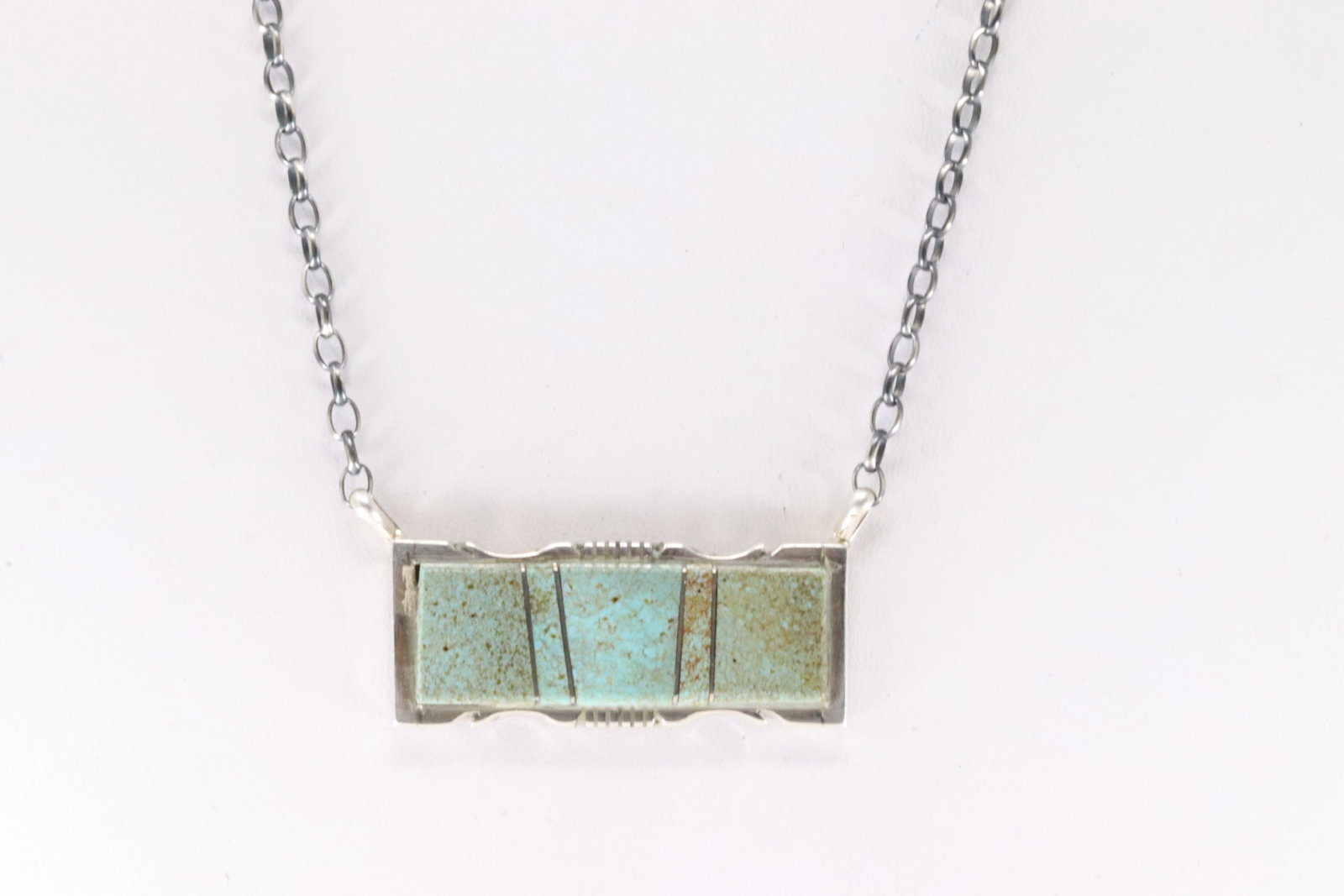 Native America Navajo Sterling Silver Kingman Turquoise Inlay Necklace By Steve Francisco.: This is a Native America Navajo Sterling Silver Kingman Turquoise Inlay Necklace By Steve Francisco. Necklace length: 16.00"