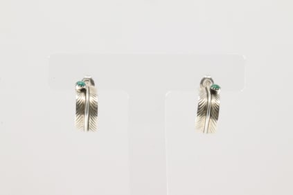 Native America Navajo Sterling Silver Turquoise Feather Hoop Earring's By Aaron Davis.