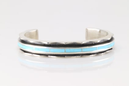 Native America Navajo Sterling Silver Turquoise Inlay Bracelet Cuff By Laurence Loretto.