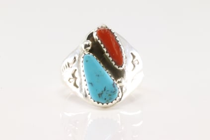 Native America Zuni Sterling Silver Coral & Turquoise Ring By M.L.