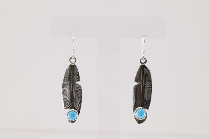 Native America Navajo Sterling Silver Turquoise Feather Dangling Earring's By Genevieve Francisco.
