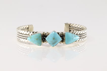 Native America Navajo Sterling Silver Turquoise Bracelet Cuff By Mike Smith.