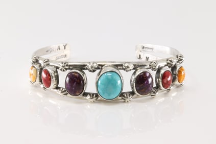 Native America Navajo Sterling Silver Multi-Color Stone Bracelet Cuff By Aorian Yazzie.