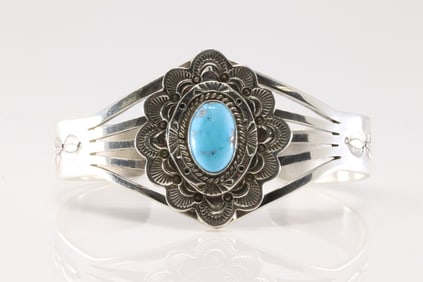 Native America Navajo Sterling Silver Turquoise Bracelet Cuff By Eula Wylie.