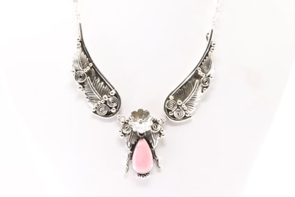 Native America Navajo Sterling Silver Floral Pink Conch Shell Necklace By Loretta Delgarito.